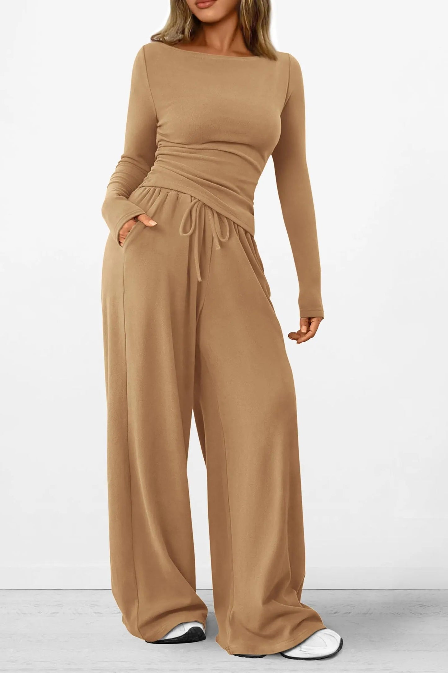 Long Sleeve T-Shirt Wide Leg Pants Casual 2 Piece Sets