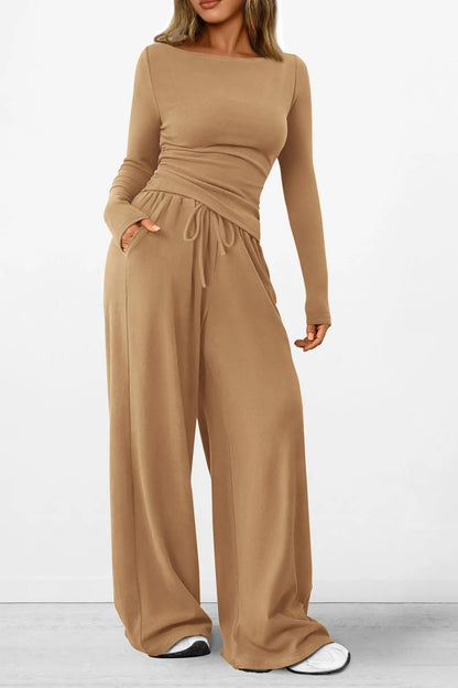 Long Sleeve T-Shirt Wide Leg Pants Casual 2 Piece Sets