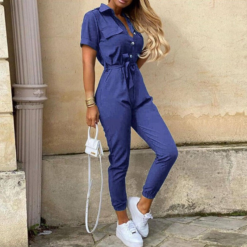 Slim Fit Short Sleeve Jumpsuit With Button Front