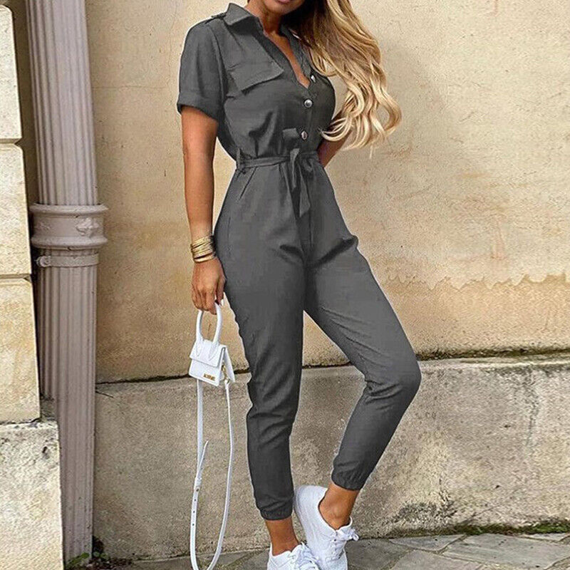 Slim Fit Short Sleeve Jumpsuit With Button Front