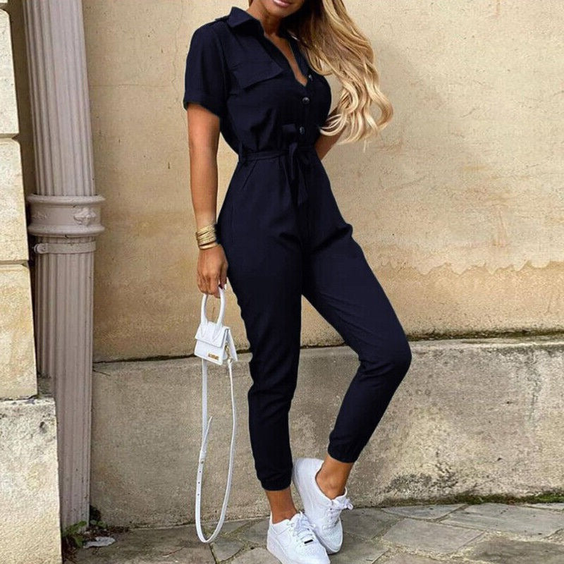 Slim Fit Short Sleeve Jumpsuit With Button Front