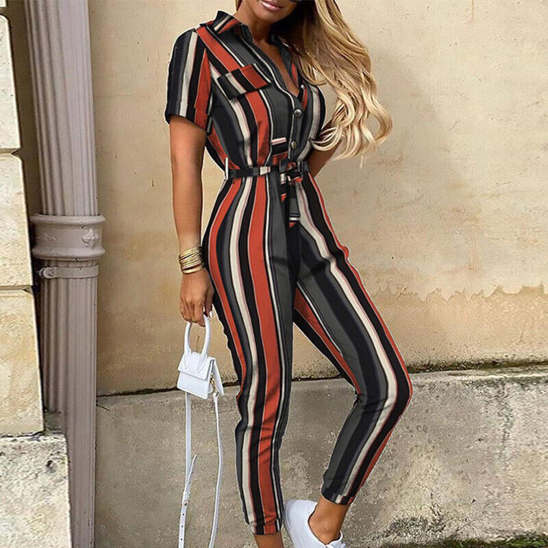 Slim Fit Short Sleeve Jumpsuit With Button Front - BritishElegance