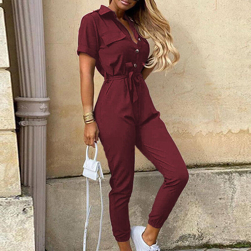 Slim Fit Short Sleeve Jumpsuit With Button Front