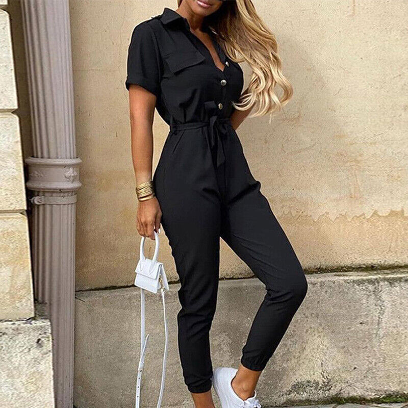 Slim Fit Short Sleeve Jumpsuit With Button Front