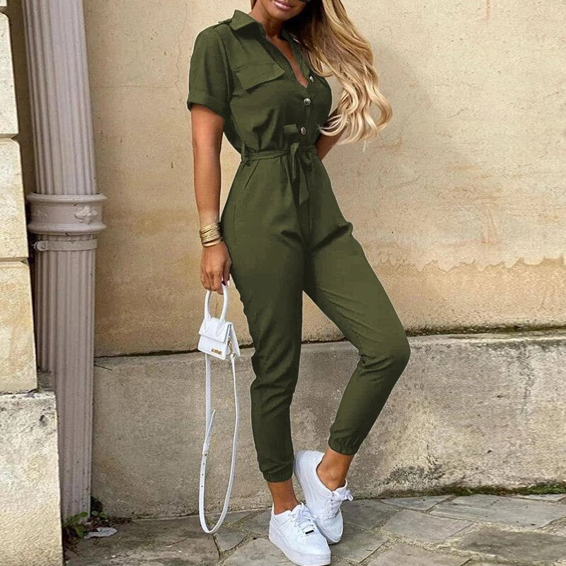 Slim Fit Short Sleeve Jumpsuit With Button Front