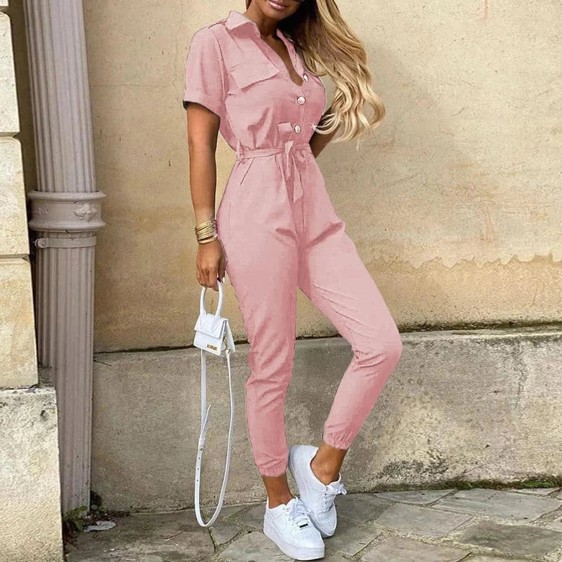 Slim Fit Short Sleeve Jumpsuit With Button Front