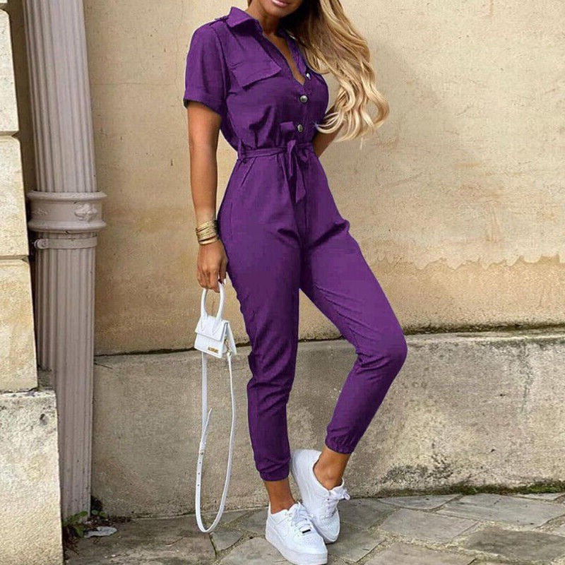 Slim Fit Short Sleeve Jumpsuit With Button Front