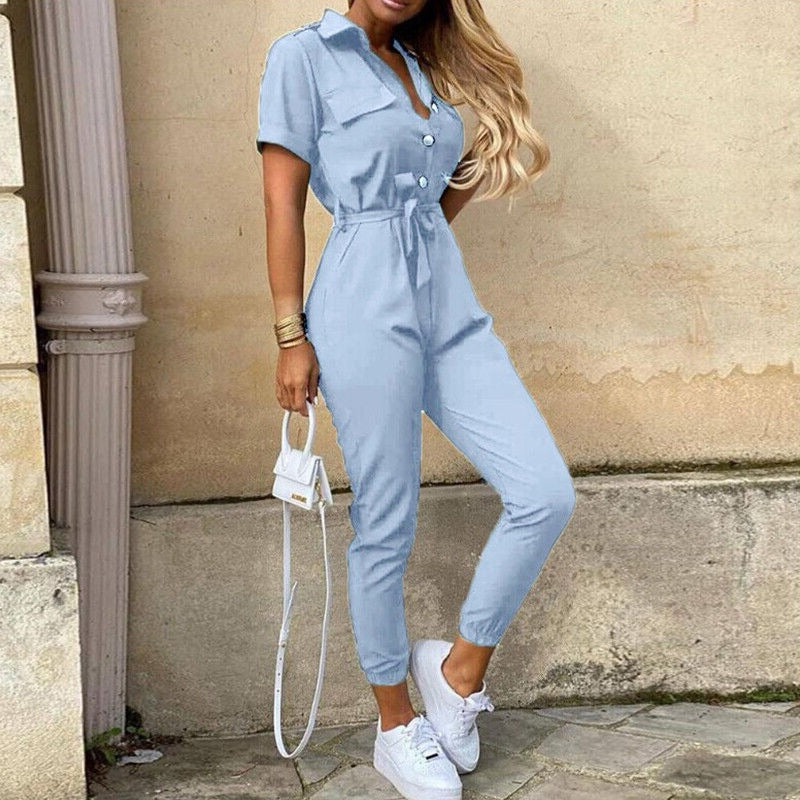 Slim Fit Short Sleeve Jumpsuit With Button Front