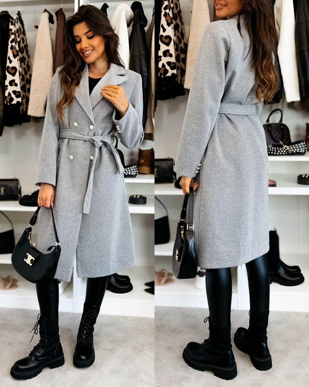 Jaione | Women’s Knee-Length Wool Coat – Double-Breasted Tailored Design with Belt for Office, Everyday, and Leisure
