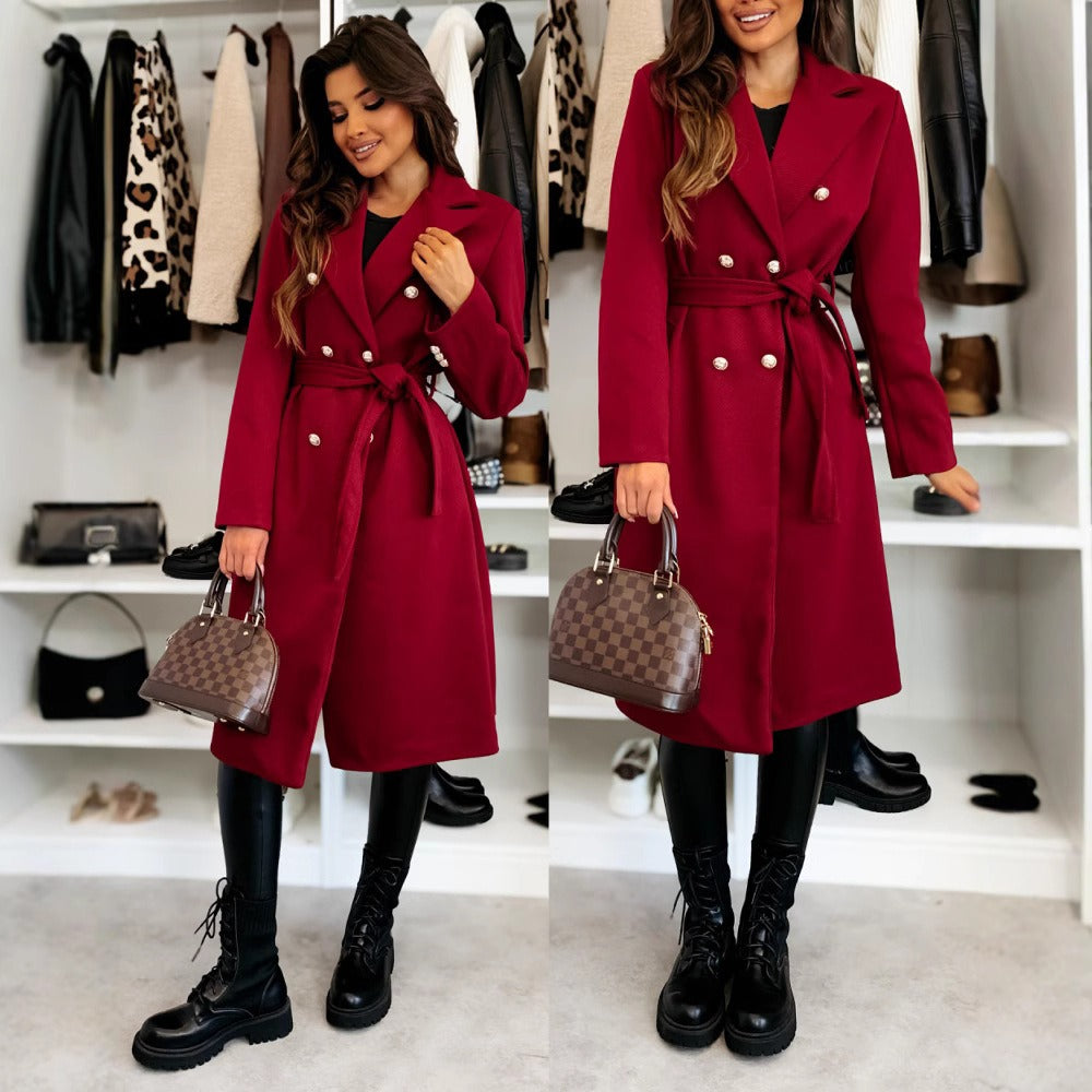 Jaione | Women’s Knee-Length Wool Coat – Double-Breasted Tailored Design with Belt for Office, Everyday, and Leisure