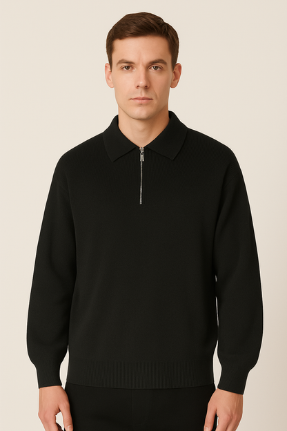 Knit Polo Sweater - Zipper Collar And Warm Airflow Control