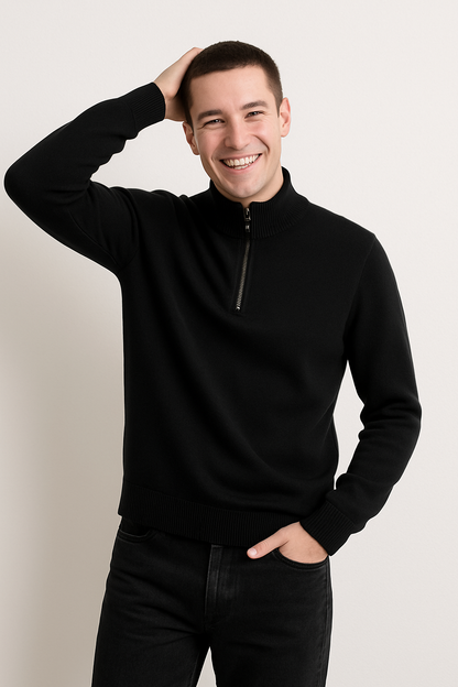 Knit Pullover - Half Zip High Collar And Flexible Stretch
