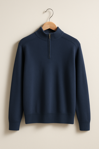 Knit Pullover - Half Zip High Collar And Flexible Stretch