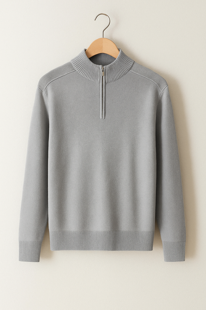 Knit Pullover - Half Zip High Collar And Flexible Stretch