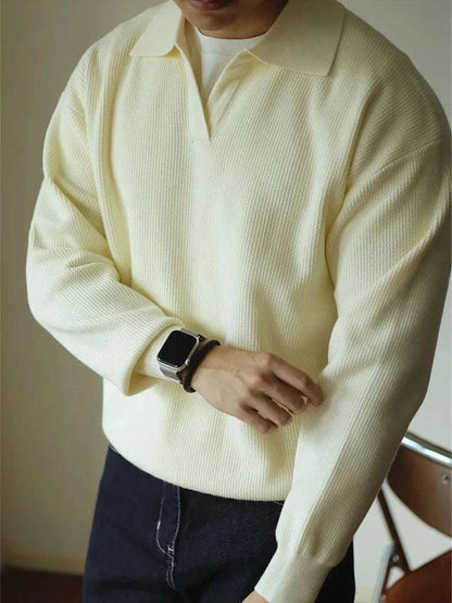 Knit Sweater - Folded Collar & Breathable Stretch Comfort
