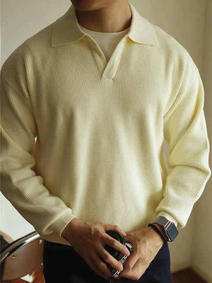 Knit Sweater - Folded Collar & Breathable Stretch Comfort