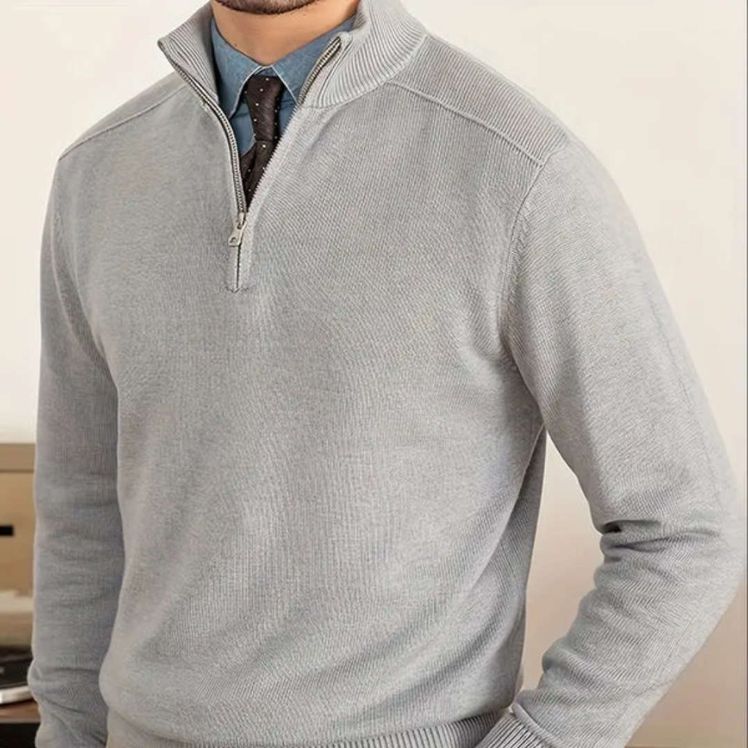 Knit Sweater – Soft Blend High Collar Half Zip & Ribbed Hem