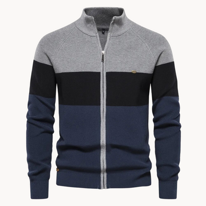 Knit Zip Cardigan - Contrast Stripe Collar & Easy Movement