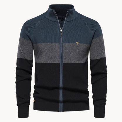 Knit Zip Cardigan - Contrast Stripe Collar & Easy Movement