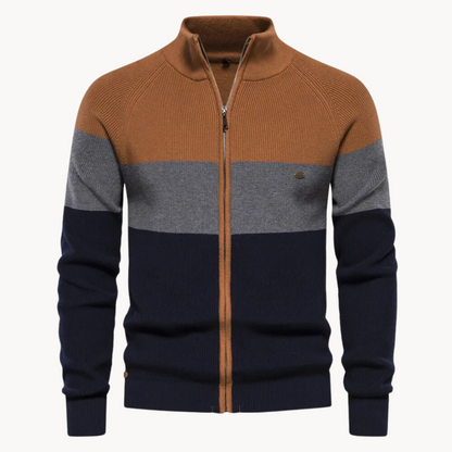 Knit Zip Cardigan - Contrast Stripe Collar & Easy Movement