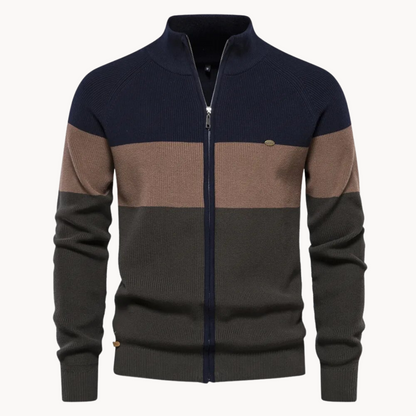 Knit Zip Cardigan - Contrast Stripe Collar & Easy Movement