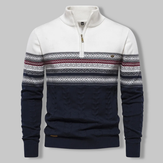 Knit Sweater - Two Tone Alpine Pattern & Quarter Zip Vent