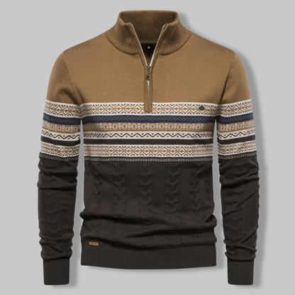 Knit Sweater - Two Tone Alpine Pattern & Quarter Zip Vent