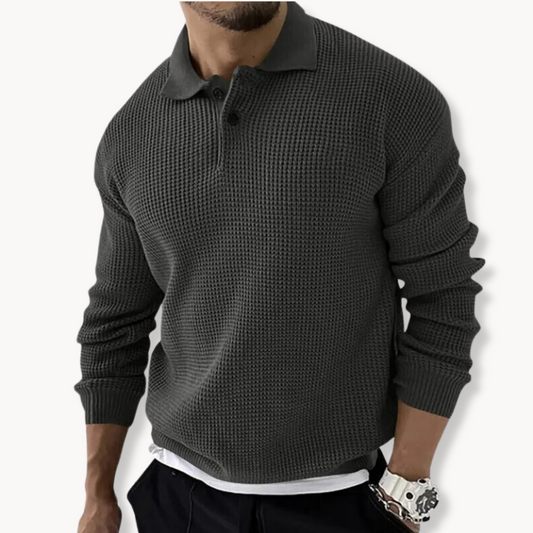 Knitted Polo Sweater - Waffle Texture & Adjustable Neck