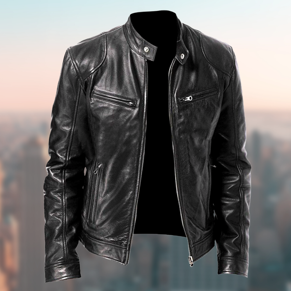 Men's Classic Biker Leather Jacket with Zip - BritishElegance