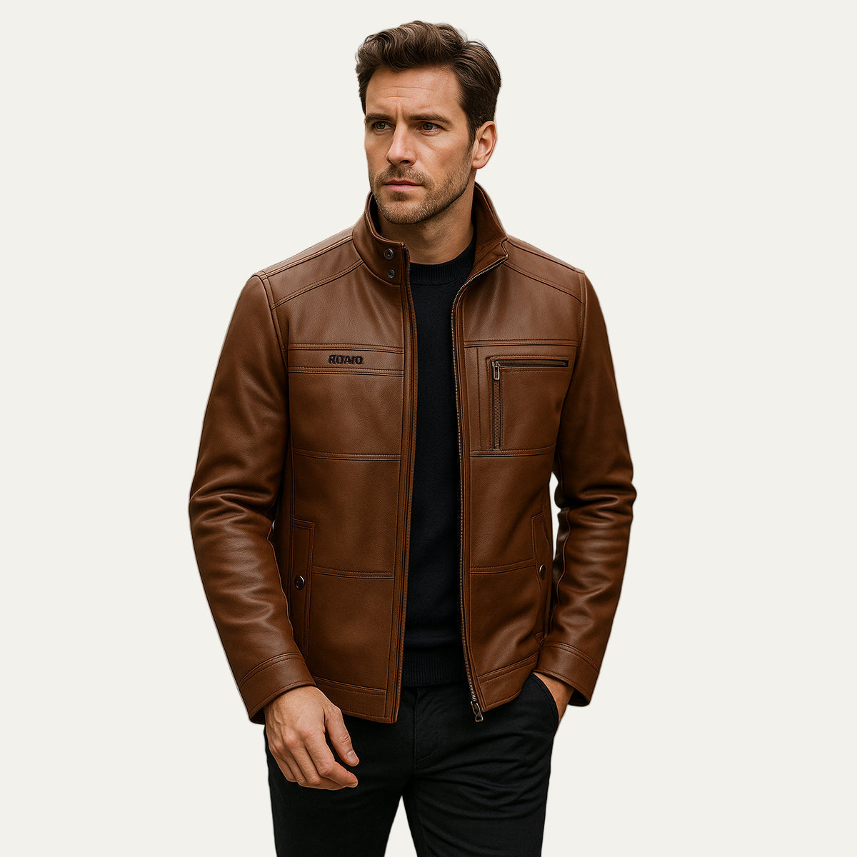 Men’s Zip Up Leather Jacket with Stand Collar