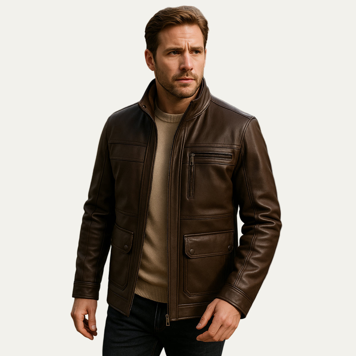 Men’s Zip Up Leather Jacket with Stand Collar