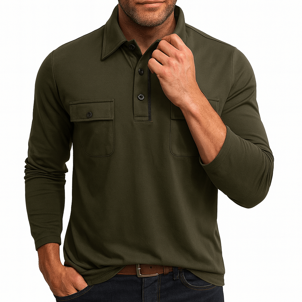 Cotton Blend Long Sleeve Polo Shirt