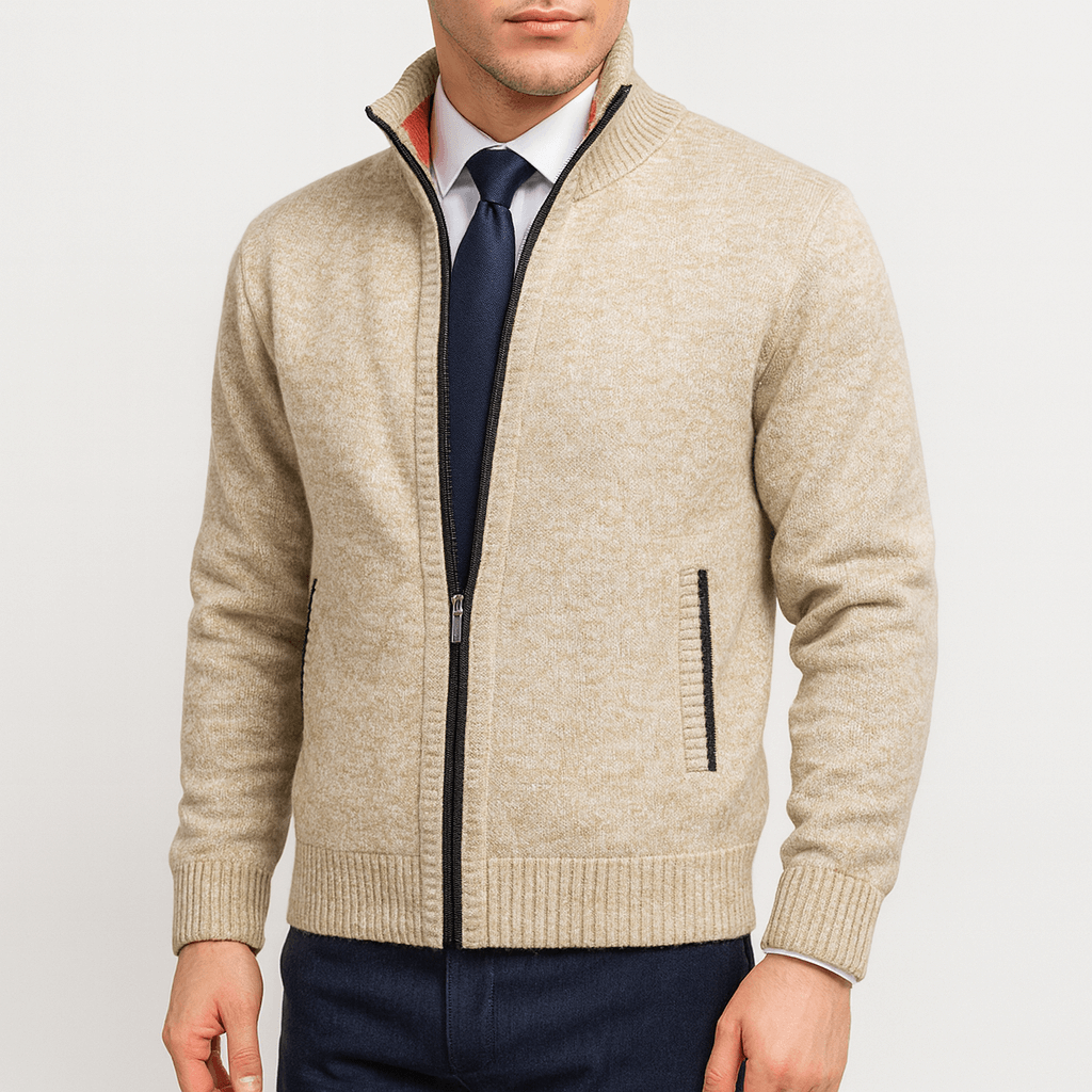 Zip-Up Cardigan with Stand Collar