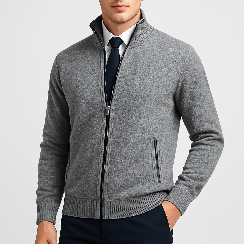 Zip-Up Cardigan with Stand Collar