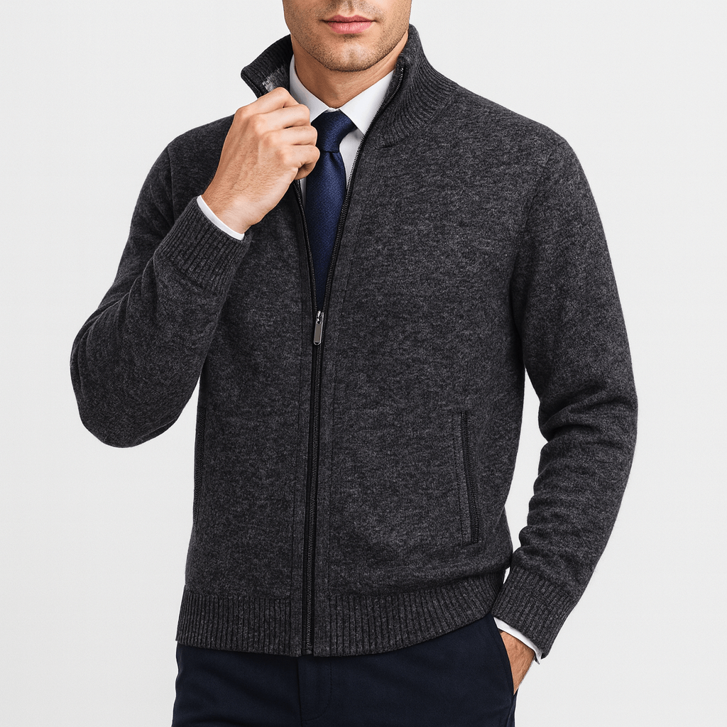 Zip-Up Cardigan with Stand Collar