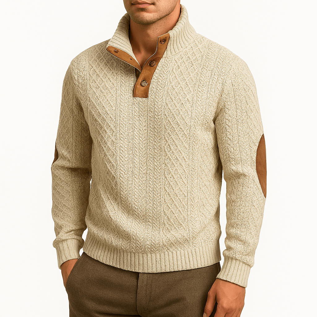 Zip-Up Sweater with Leather Patches