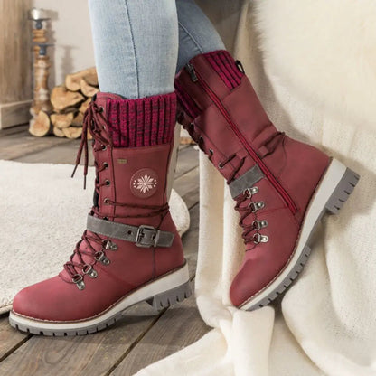 Ladies Winter Lace-Up Boots with Knitted Cuff and Anti-Slip Sole - Black Boots for Women