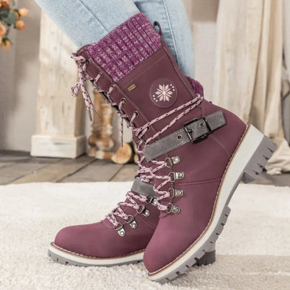 Ladies Winter Lace-Up Boots with Knitted Cuff and Anti-Slip Sole - Black Boots for Women