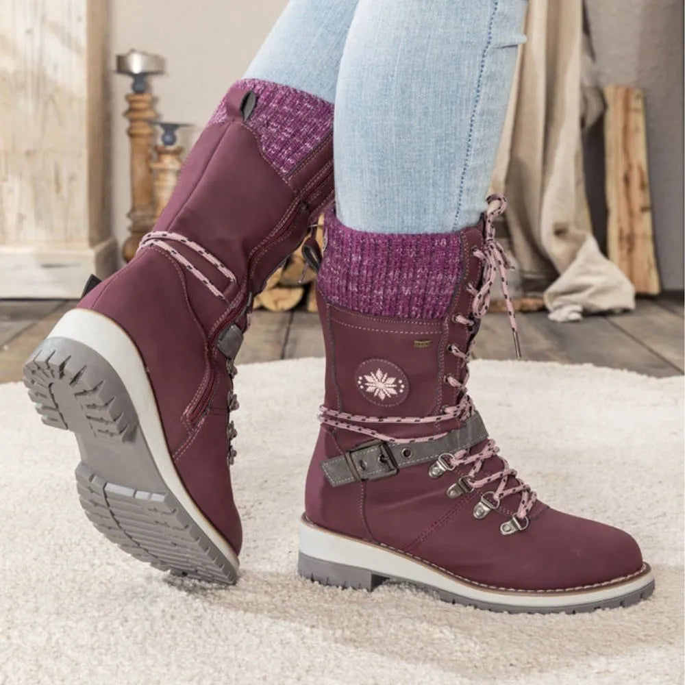 Ladies Winter Lace-Up Boots with Knitted Cuff and Anti-Slip Sole - Black Boots for Women