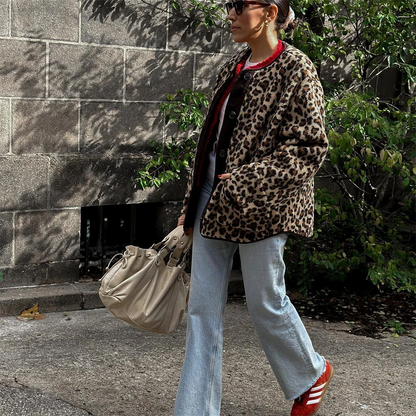 Leah | Women's Leopard Print O-Neck Wool Winter Jacket