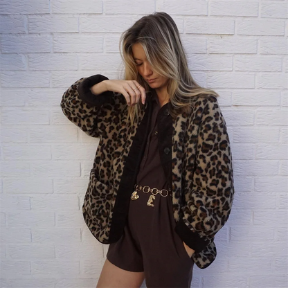 Leah | Women's Leopard Print O-Neck Wool Winter Jacket