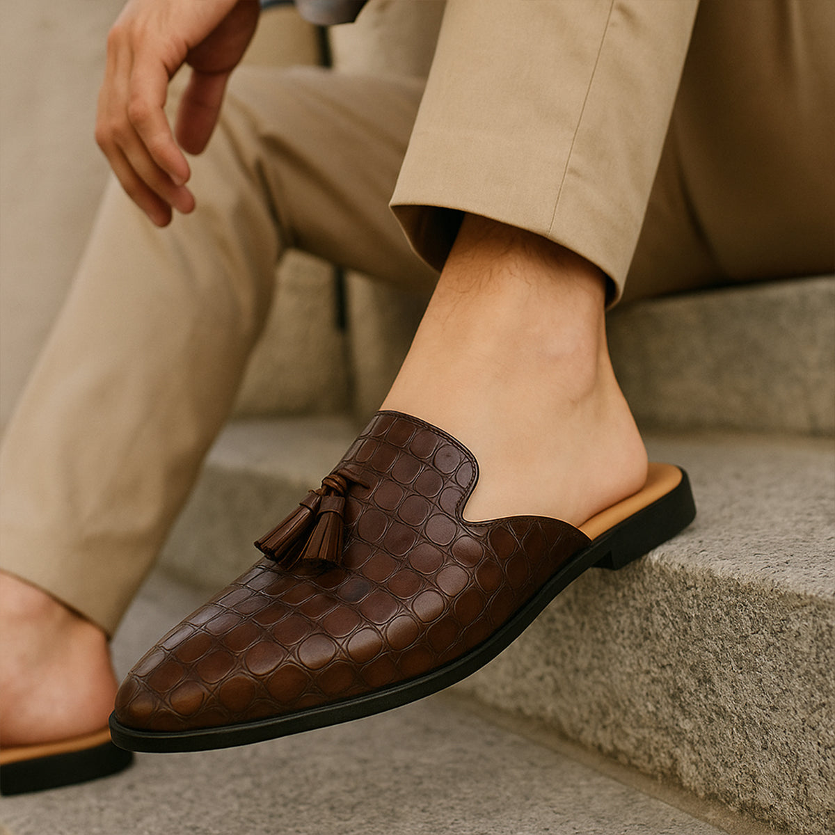 Men’s Embossed Tassel Slip On Mule Shoes