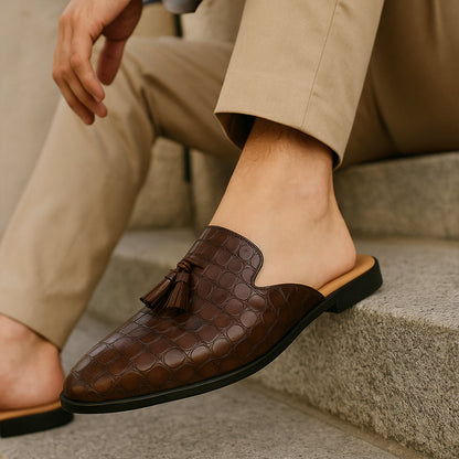 Men’s Embossed Tassel Slip On Mule Shoes
