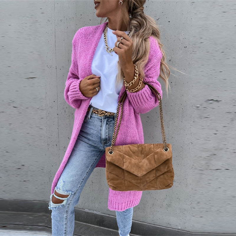 Long Knit Cardigan - Open Front And Easy Layering Wear
