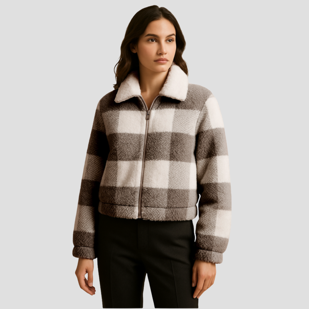 Women’s Cropped Plaid Shearling Bomber Jacket