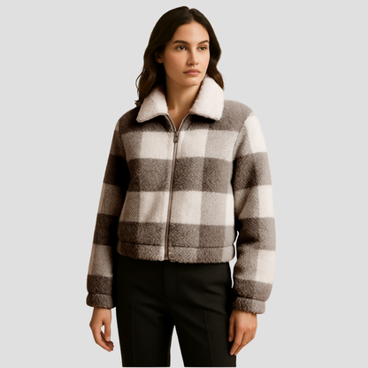 Women’s Cropped Plaid Shearling Bomber Jacket