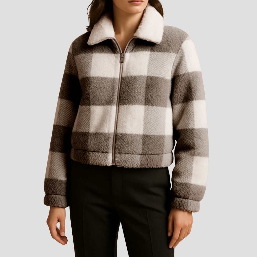 Women’s Cropped Plaid Shearling Bomber Jacket