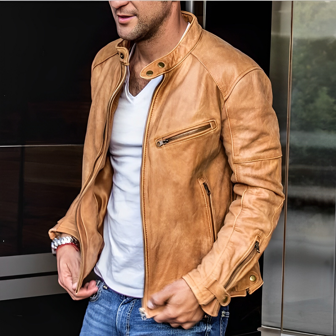 Classic Biker Leather Jacket with Zip Pockets