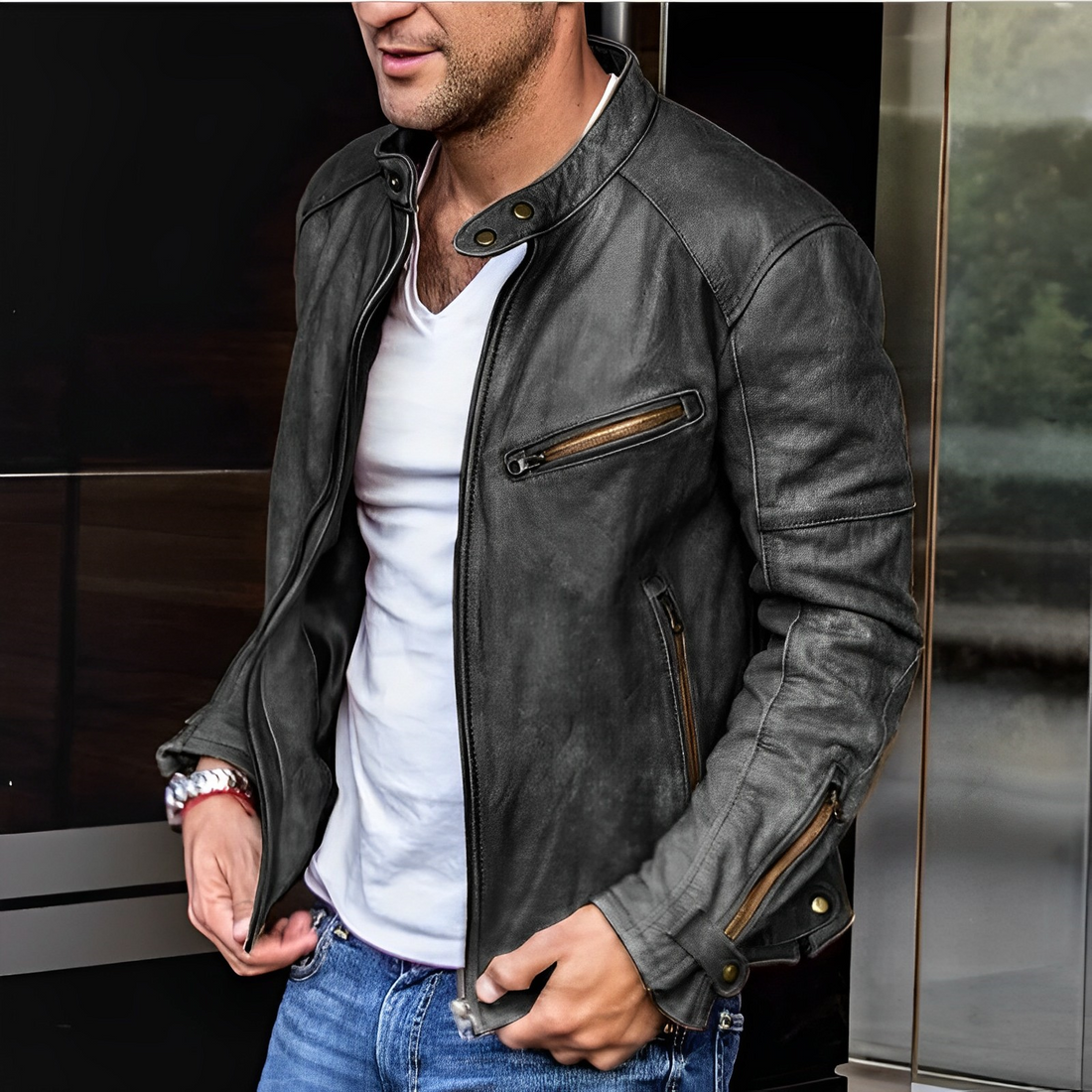 Classic Biker Leather Jacket with Zip Pockets - BritishElegance