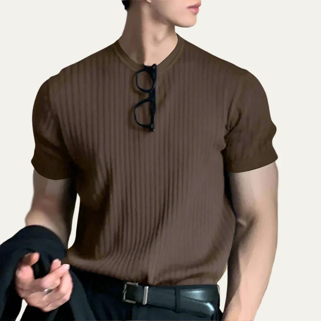 Men’s Ribbed Knit Short Sleeve Band Neck Shirt